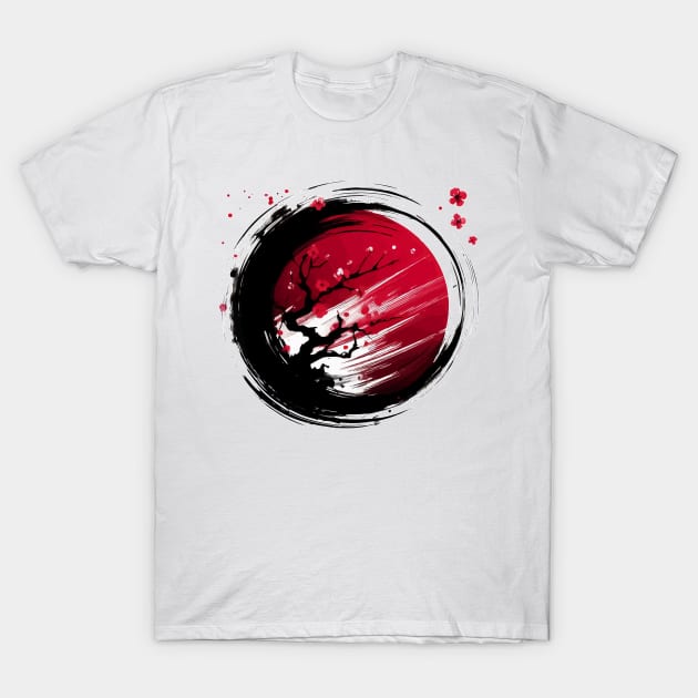 Sumie Enso Japanese Brushstroke Sakura Cherry Tree Blossom T-Shirt by TomFrontierArt